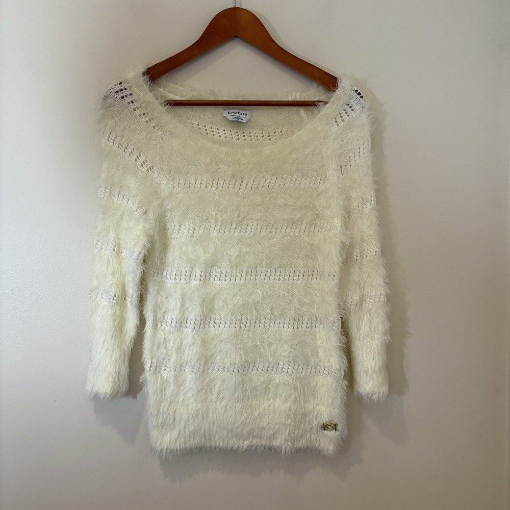 Bebe Womens Bodycon Sweater Medium Cream Logo Shaggy Open Knit Glam‎ Disco